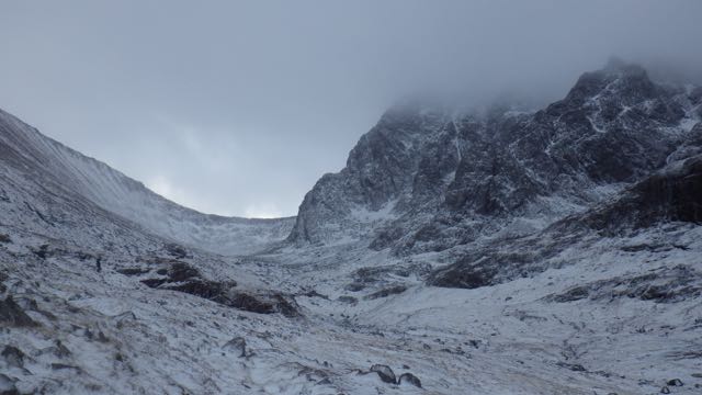 Looking up towards Coire Leis, NE Butress and Tower Ridge.