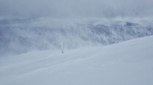 Plumes of spindrift on Aonach Mor.