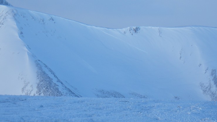 A couple of avalanches in Carn Beag Dearg bowl. A small recent one on the left, and an older, more substantial slab in the middle. 