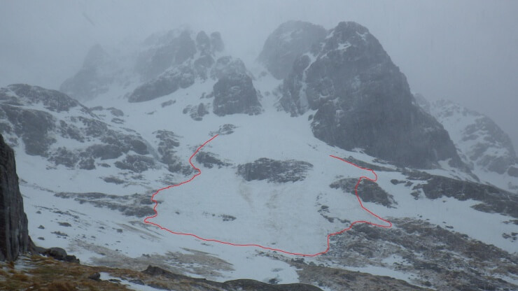 The debris fan from Saturdays Number 5 Gully avalanche shown by the red line. 