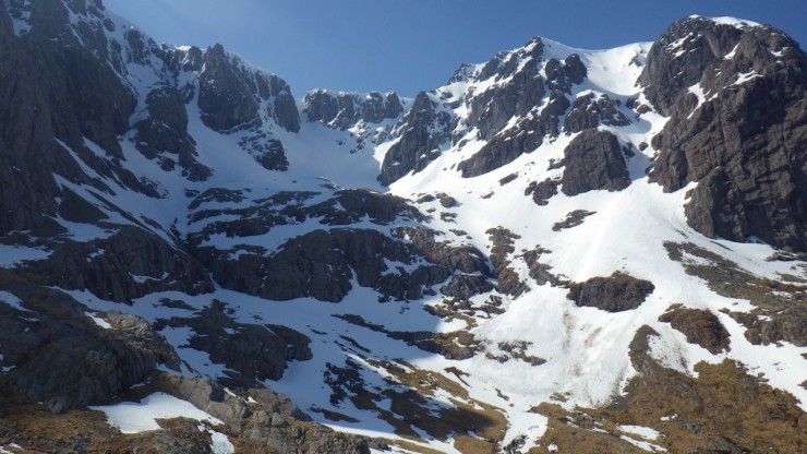 Coire na Coiste. The debris from that large Number 5 Gully avalanche about a month ago is still visible. 
