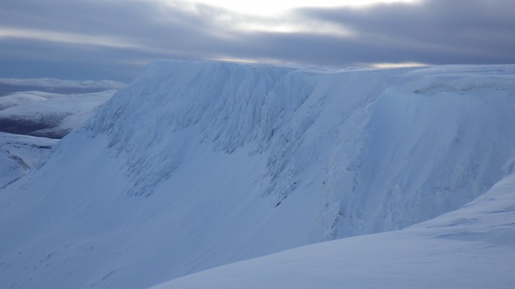 Eastern corries of Aonach Mor. Note some fresh avalanche debris below the crags