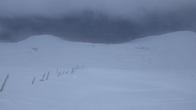 Emerging from the poor visibility above 900 metres on Aonach Mor.