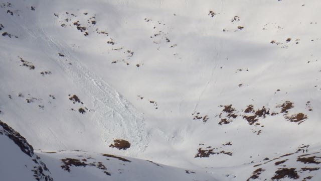 Cornice debris travelling to lower elevations. This released from 1200m and came to rest at 850m