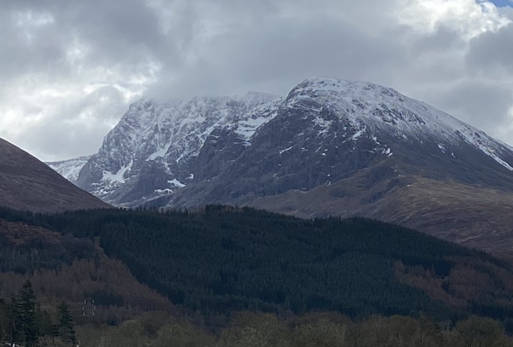 North face of Ben Nevis still holding snow and ice high up.